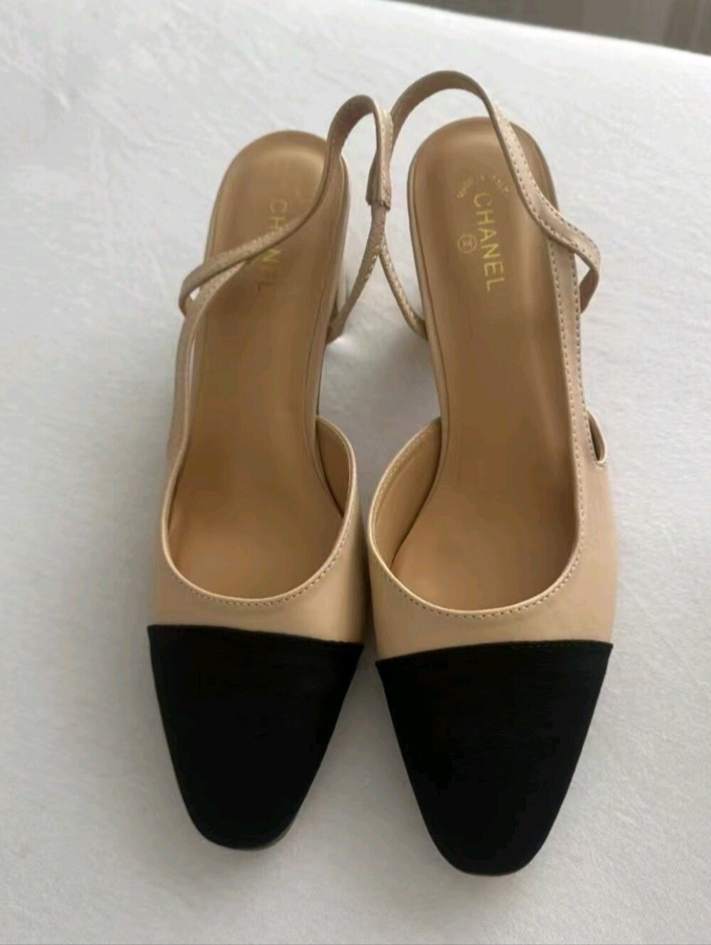 Two Pairs,  Two-Tone Slingback Pumps in Black and Beige